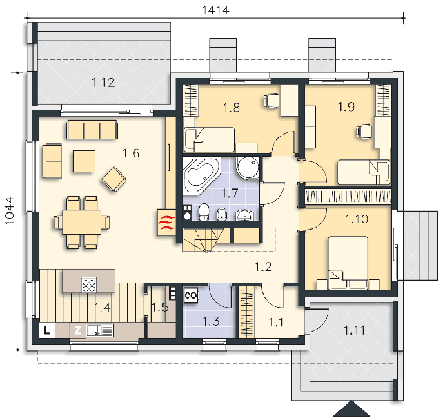 Rzut parteru: (plus możliwość adaptacji poddasza 26,3 m2) POW. 106,1 m²