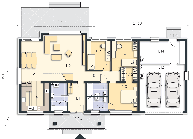 Rzut parteru lustro: (plus możliwość adaptacji poddasza 113,2 m2) POW. 174,5 m²
