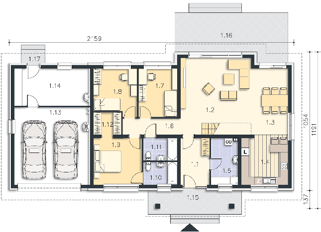 Rzut parteru: (plus możliwość adaptacji poddasza 113,2 m2) POW. 174,5 m²