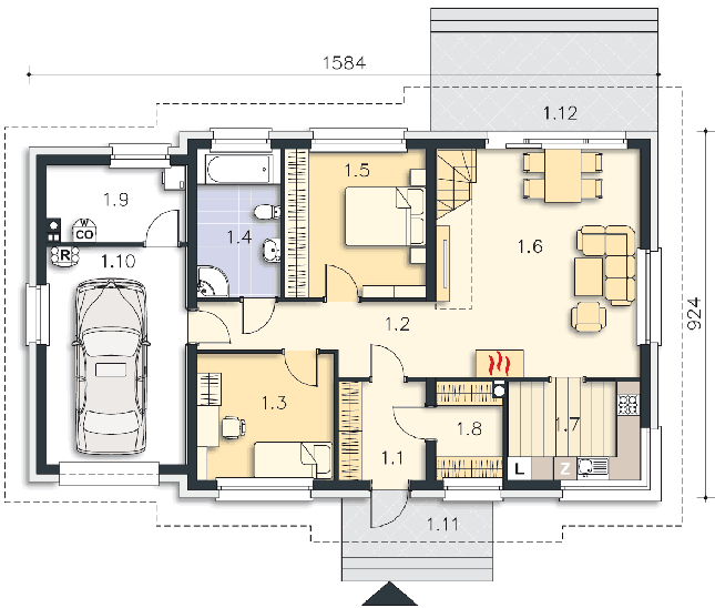 Rzut parteru: (plus możliwość adaptacji poddasza 30,9 m2) POW. 112,7 m²