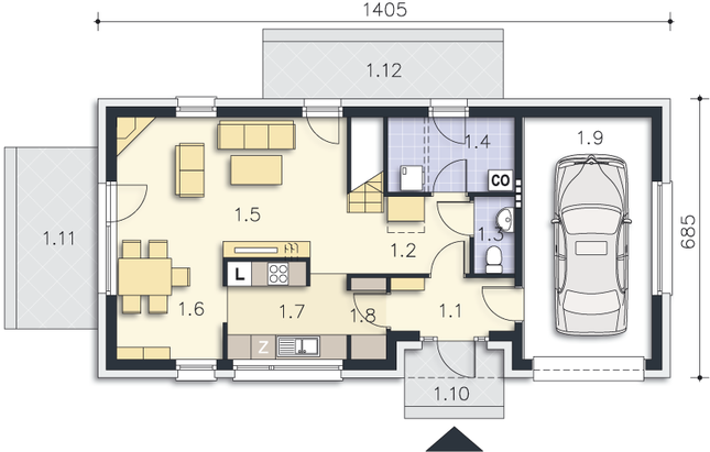 Rzut parteru POW. 69,9 m²