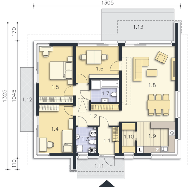Rzut parteru POW. 107,6 m²