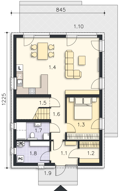 Rzut parteru POW. 79,9 m²