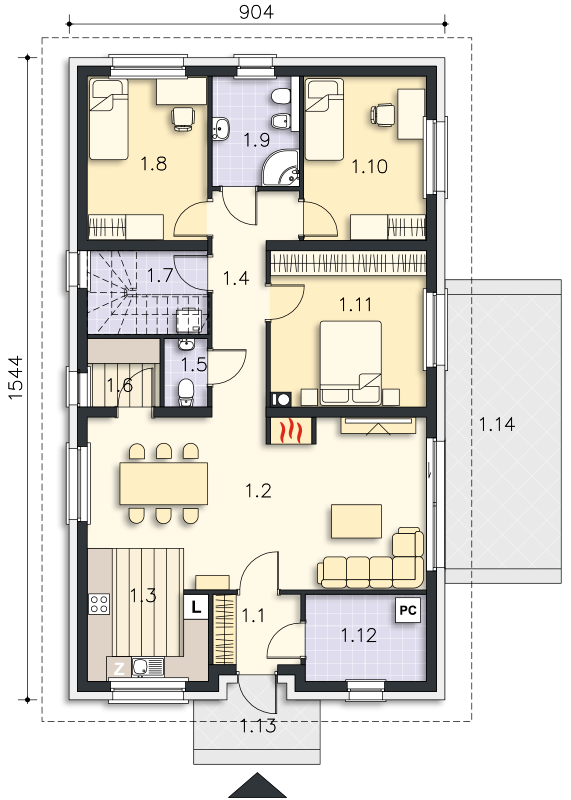 Rzut parteru: (plus możliwość adaptacji poddasza 64,5 m2) POW. 110,1 m²