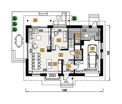 Rzut parteru POW. 100,0 m²