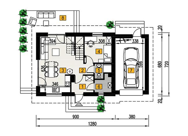 Rzut parteru POW. 65,9 m²