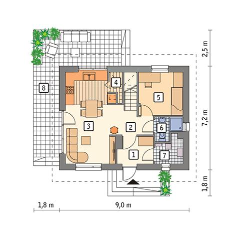Rzut parteru POW. 45,5 m²