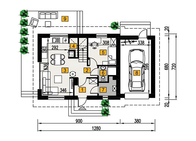 Rzut parteru POW. 65,5 m²