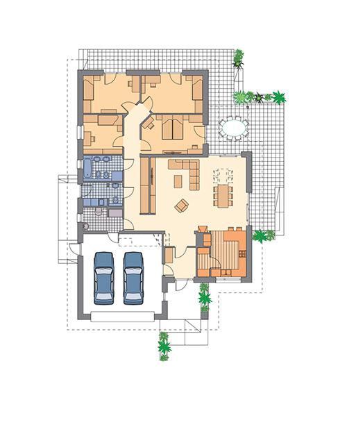Rzut parteru: propozycja aranżacji z powiększonym salonem POW. 184,0 m²