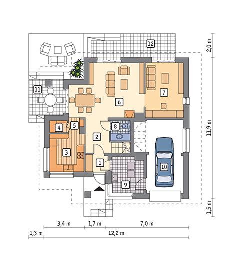 Rzut parteru POW. 90,9 m²