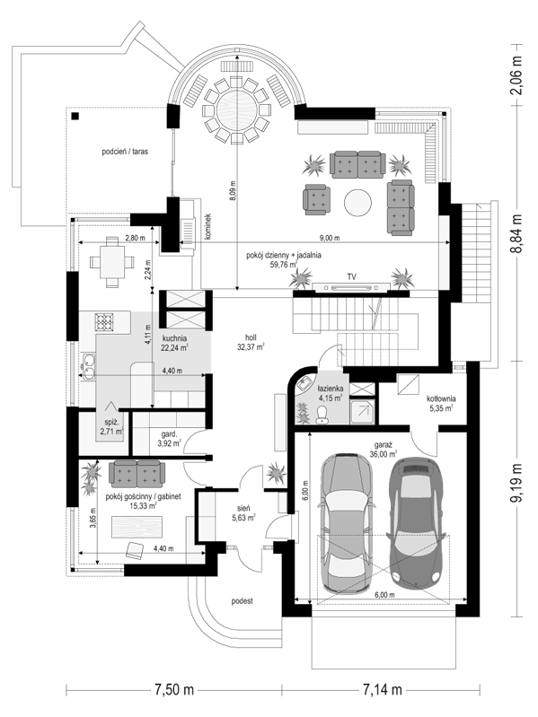 Rzut parteru POW. 187,5 m²