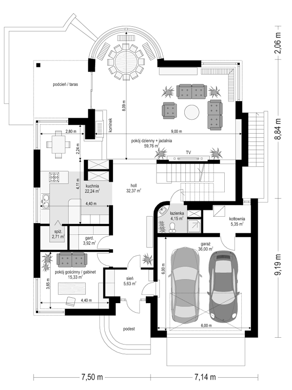 Rzut parteru POW. 187,5 m²