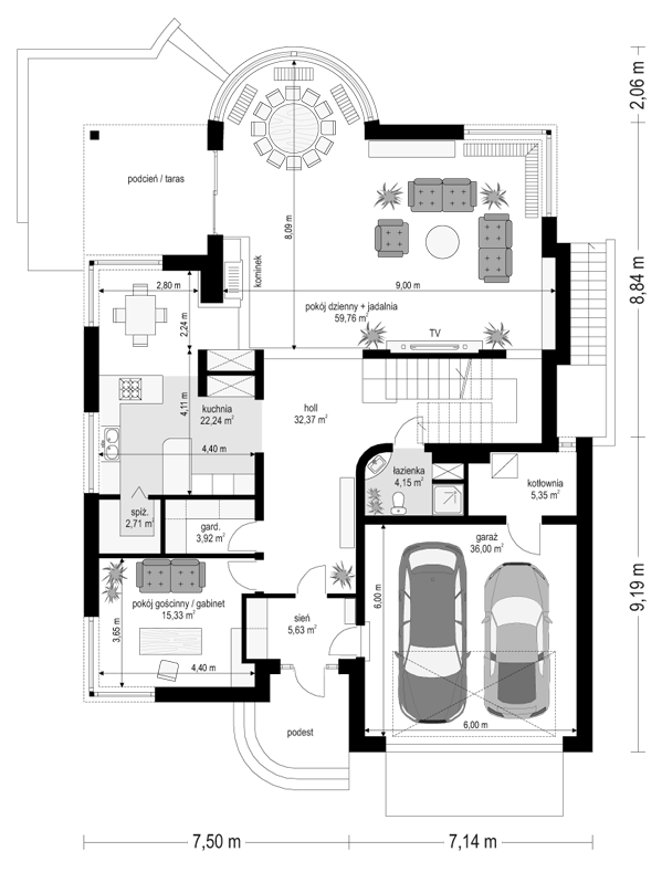 Rzut parteru POW. 187,5 m²