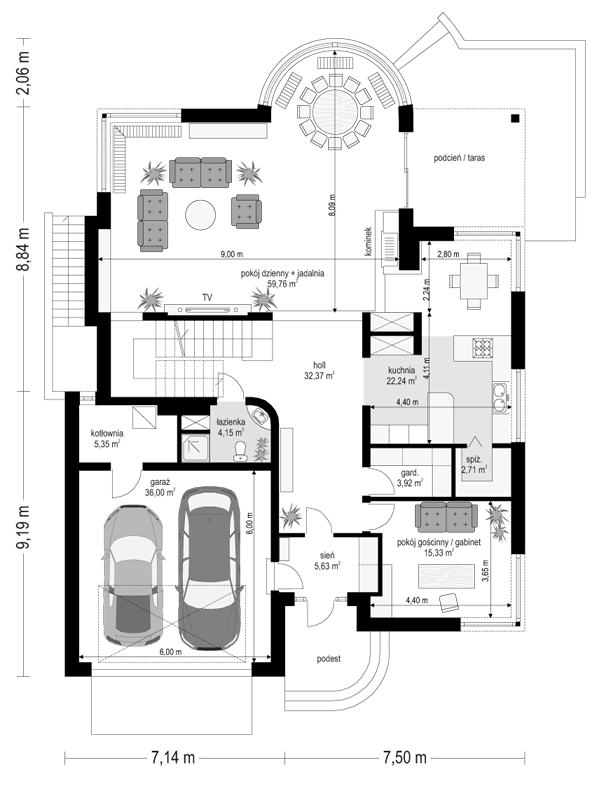 Rzut parteru lustro POW. 187,5 m²