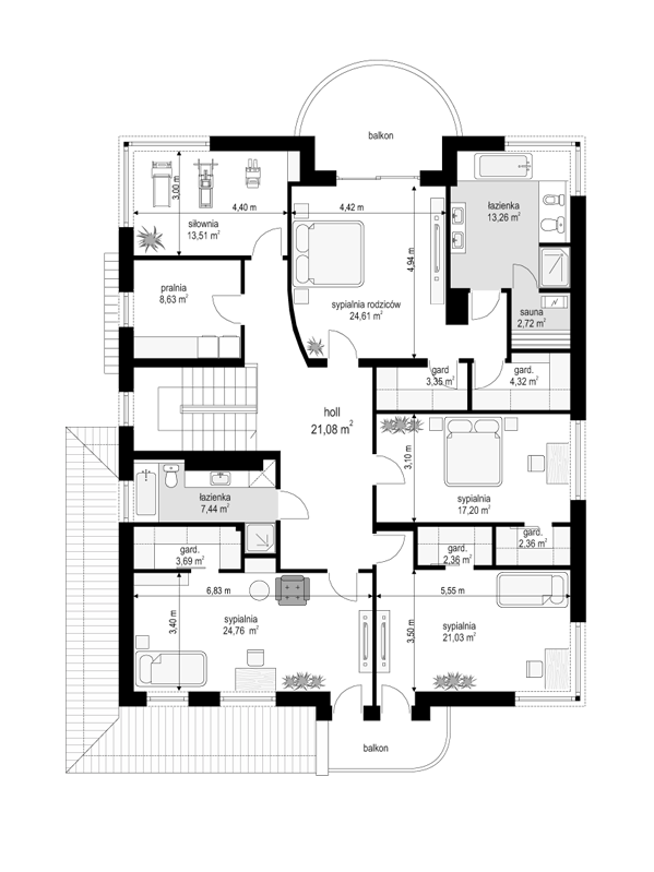 Rzut piętra lustro POW. 170,3 m²