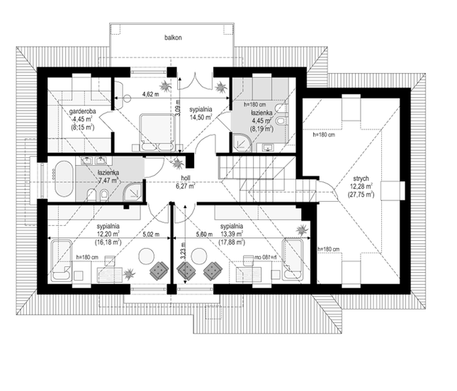 Rzut poddasza lustro POW. 106,4 m²