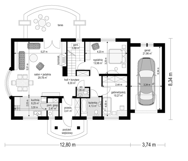 Rzut parteru POW. 107,6 m²