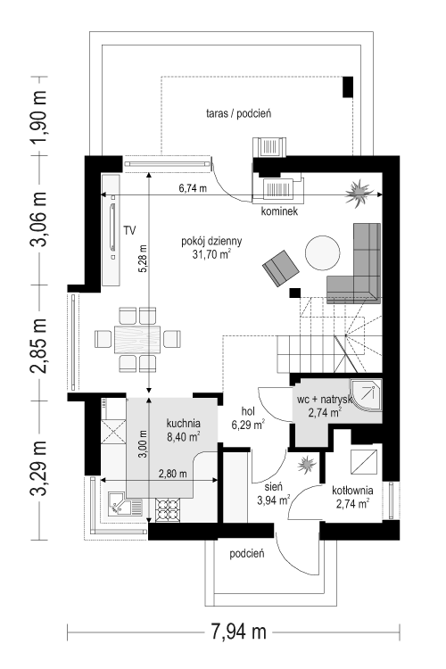 Rzut parteru POW. 55,8 m²