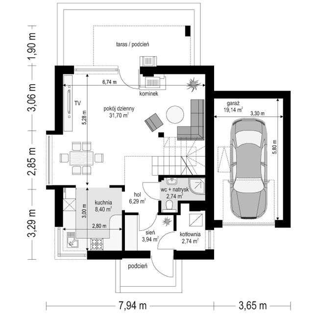 Rzut parteru POW. 75,0 m²