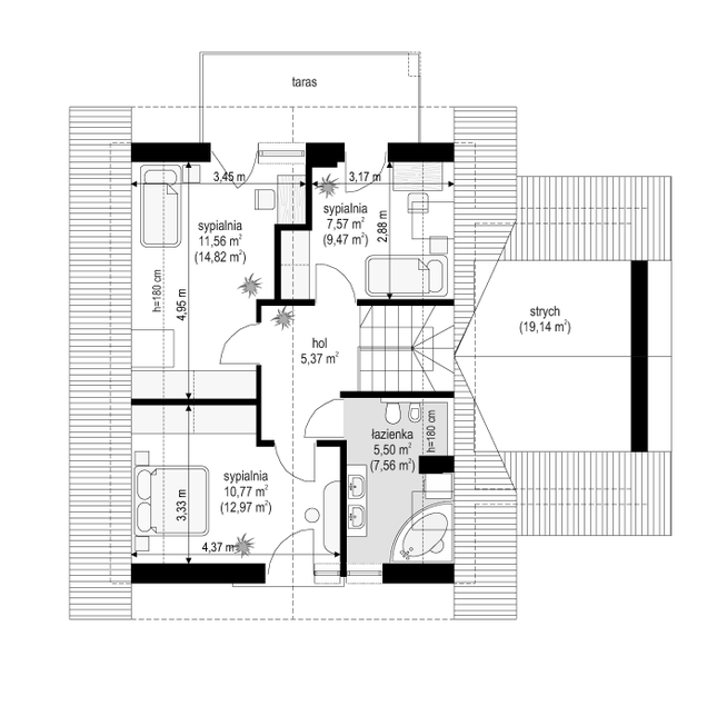 Rzut poddasza POW. 69,3 m²