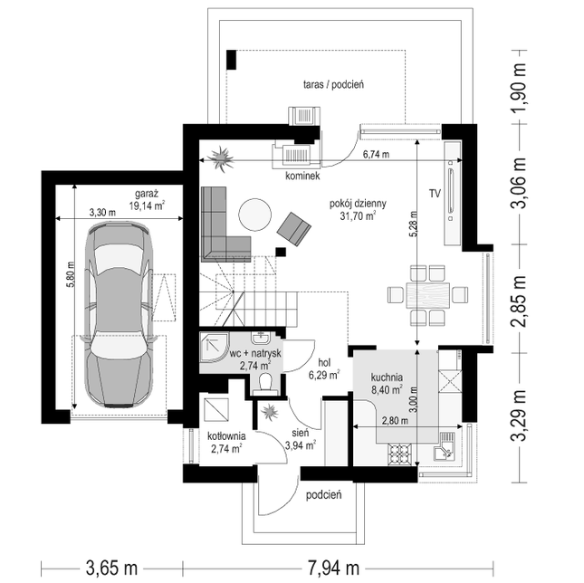 Rzut parteru lustro POW. 75,0 m²