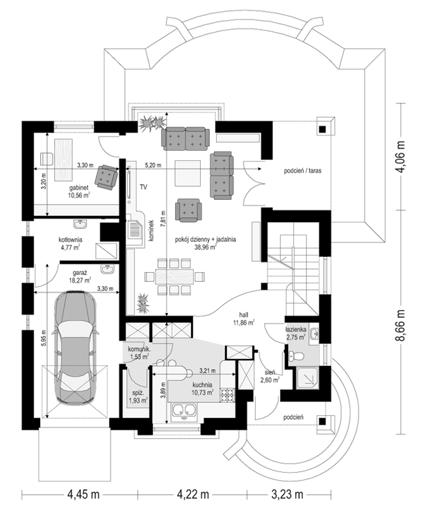 Rzut parteru POW. 104,0 m²