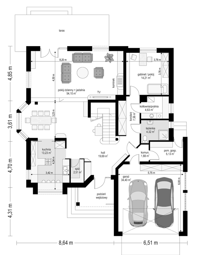 Rzut parteru POW. 161,5 m²