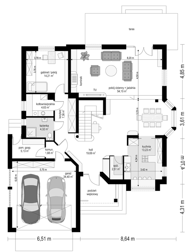 Rzut parteru lustro POW. 161,5 m²