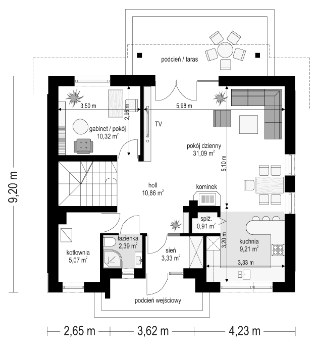 Rzut parteru lustro POW. 73,2 m²