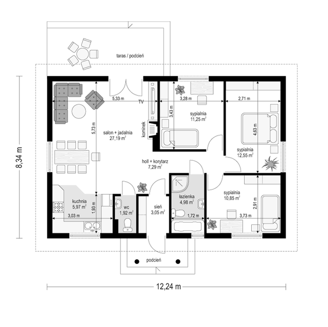 Rzut parteru POW. 85,1 m²