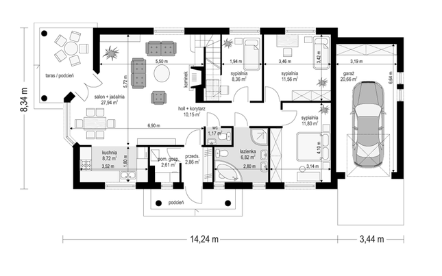 Rzut parteru POW. 112,7 m²