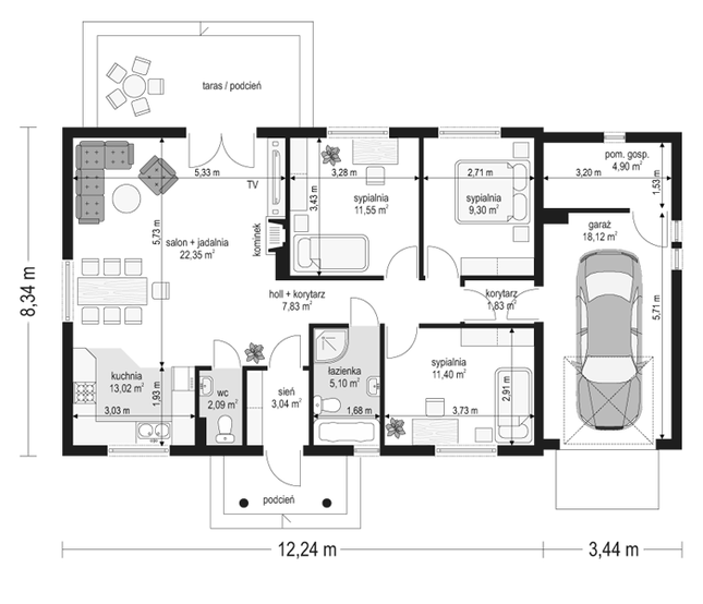 Rzut parteru POW. 110,5 m²