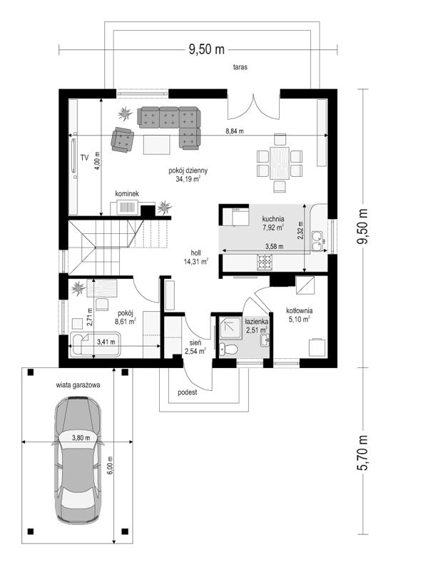 Rzut parteru POW. 75,2 m²