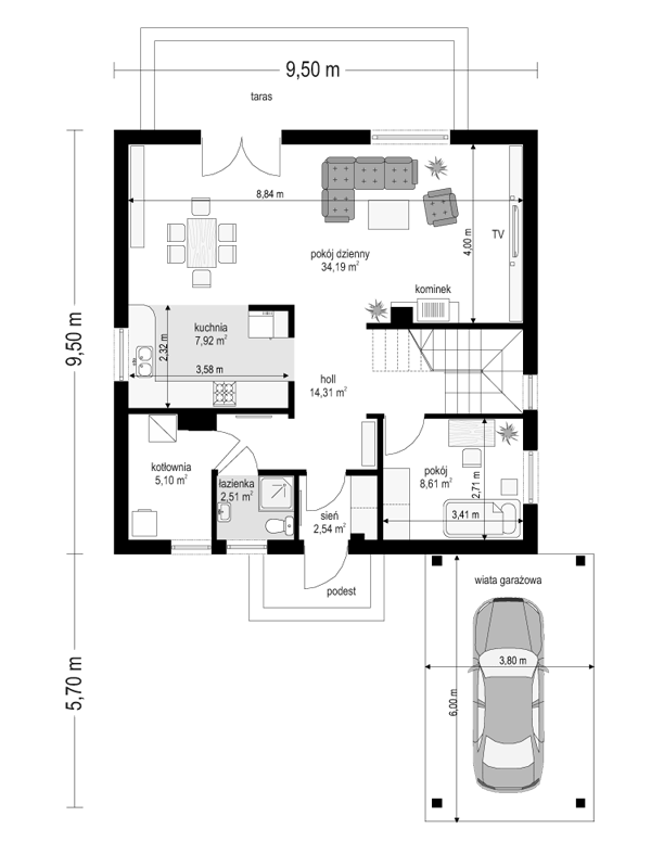 Rzut parteru lustro POW. 75,2 m²