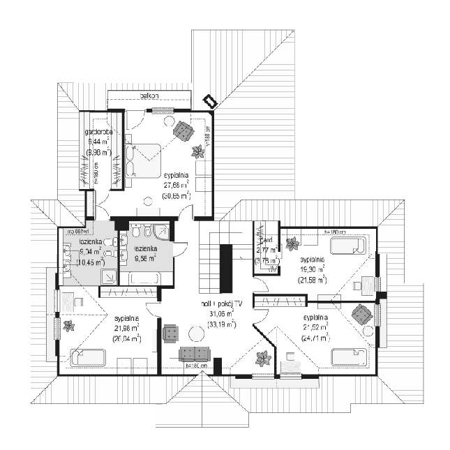 Rzut poddasza lustro POW. 170,0 m²