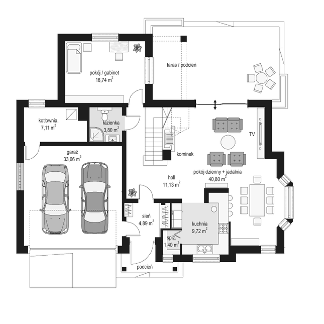 Rzut parteru lustro POW. 128,6 m²