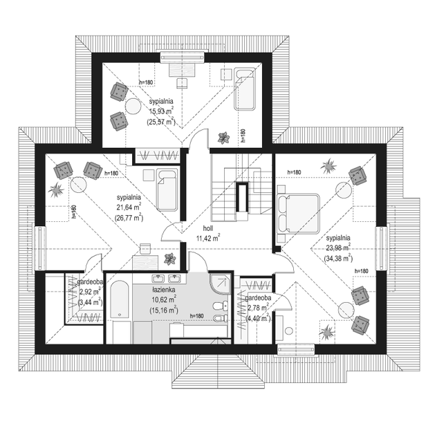 Rzut poddasza lustro POW. 121,1 m²
