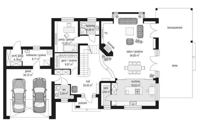 Rzut parteru POW. 174,3 m²