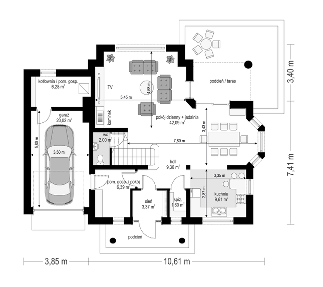 Rzut parteru POW. 100,7 m²