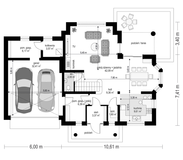 Rzut parteru POW. 116,6 m²