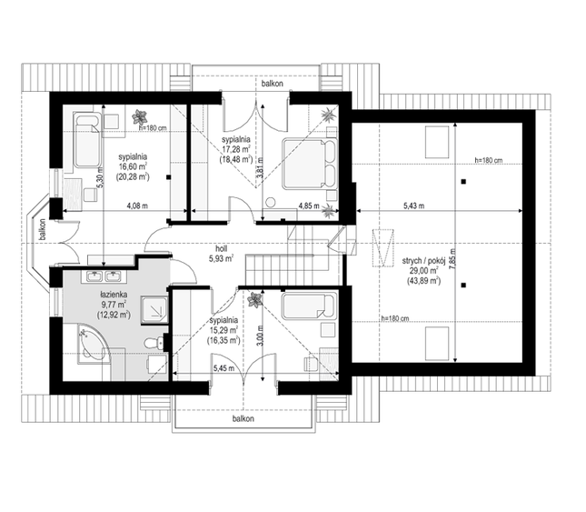 Rzut poddasza lustro POW. 117,9 m²