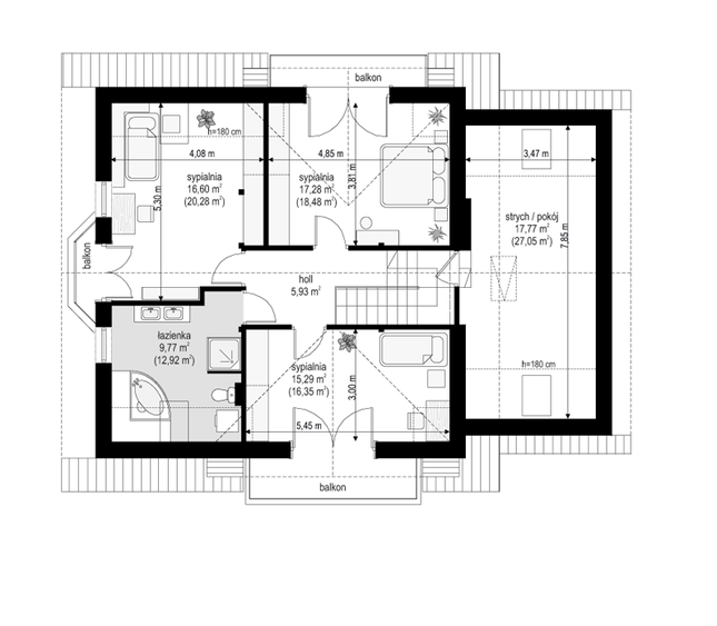 Rzut poddasza lustro POW. 101,0 m²