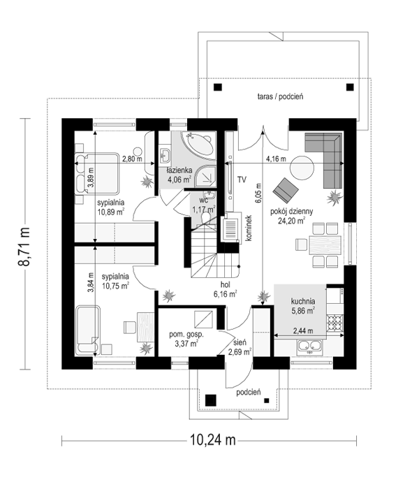 Rzut parteru POW. 69,2 m²