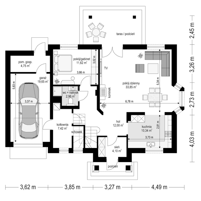 Rzut parteru POW. 106,7 m²