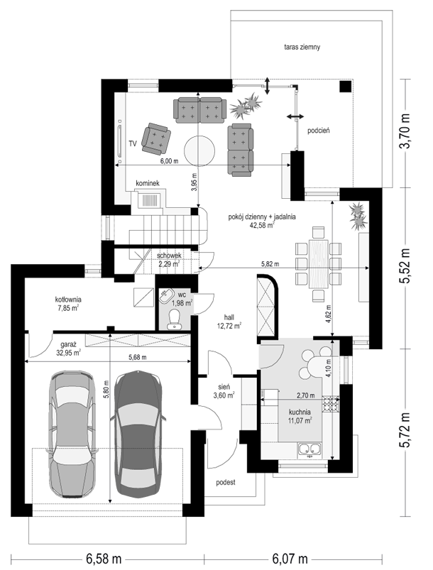 Rzut parteru POW. 115,0 m²