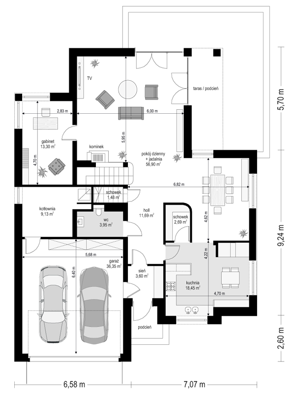 Rzut parteru POW. 157,5 m²