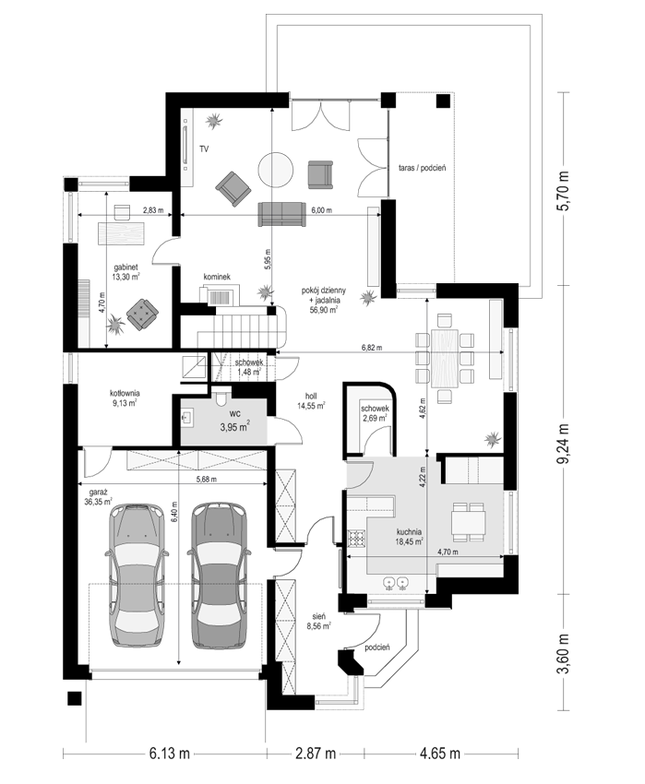 Rzut parteru POW. 165,4 m²