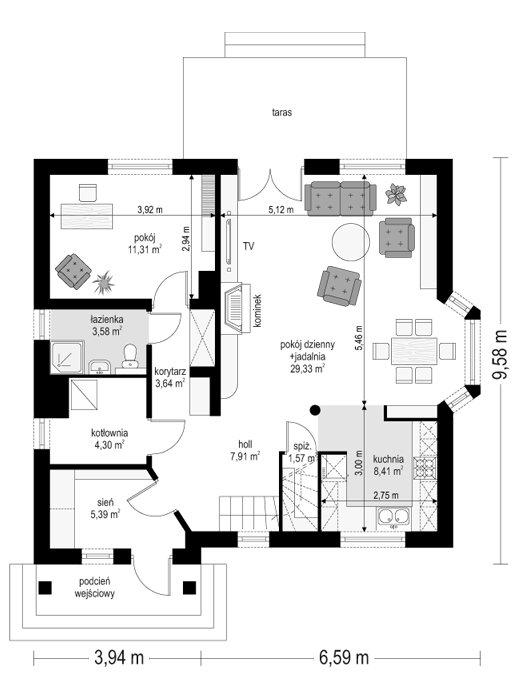 Rzut parteru POW. 75,4 m²
