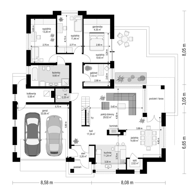 Rzut parteru POW. 173,4 m²