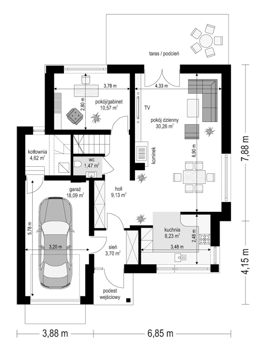 Rzut parteru POW. 86,1 m²